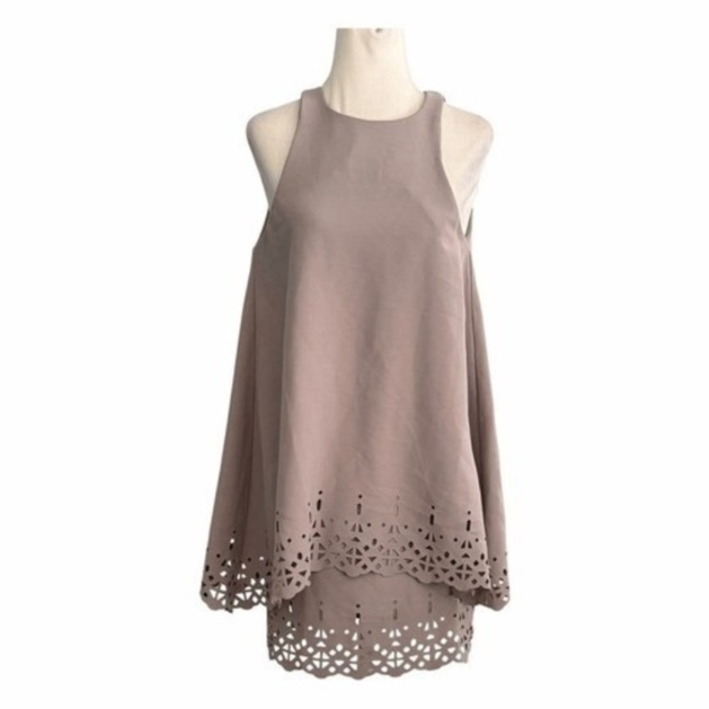 Bec + Bridge Laser Cut Mini Dress Taupe Gray Flowy Layered Knit 2 - Picture 4 of 11